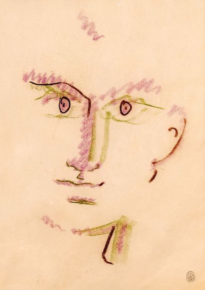 Jean COCTEAU (1889-1963) Visage, circa 1956/1958
Crayon gras marron et pastels rose...