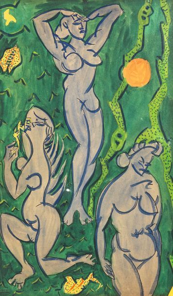 Pierre Charles DABOUIS (1918-?) Trois modèles sur fond vert, 1947
Gouache, cachet...