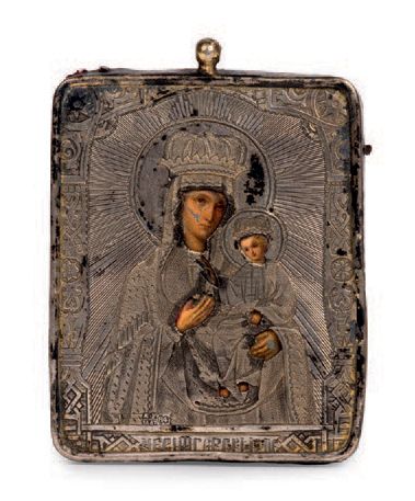 null Icône de la Vierge de Tchernigov peinte sur zinc avec un oklad plat en argent...