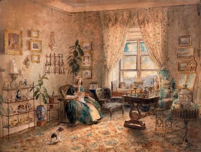 Eduard RITTER (1808-1853) Femme lisant dans un intérieur d'amateur
Aquarelle, signée...