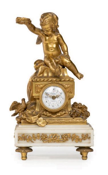 François Linke (1855 - 1946) Pendule en bronze ciselé et doré et marbre blanc représentant...