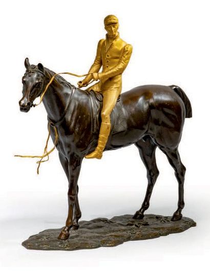ECOLE FRANCAISE Le jockey
Epreuve en bronze à double patine brun nuancée et dorée.
Fonte...
