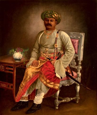 École INDIENNE, XIXème siècle Portrait d'un Maharadjah
Huile sur toile
159 x 134...