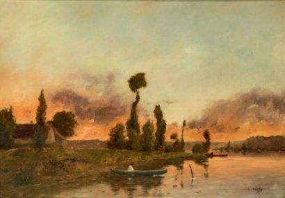 Jacques Henri DELPY (1877-1957) Bord de rivière, soleil couchant
Huile sur acajou,...