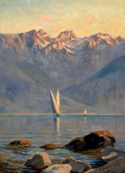 Fritz Edouard HUGUENIN (1842-1926) Voilier sur le lac Leman
Huile sur toile, signée...