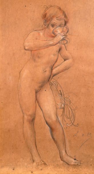 Luc Olivier MERSON (1846-1920) Jeune fille au tambourin
Crayon gras, sanguine monogrammé...