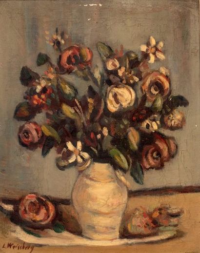 Léon WEISSBERG (1894-1943) Bouquets de fleurs et roses sur un entablement, 1939
Huile...