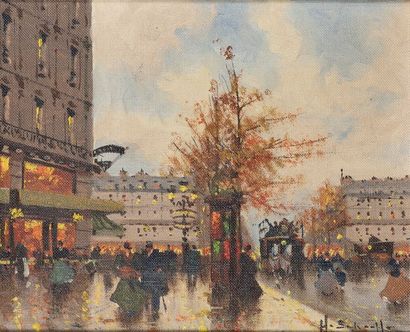 Henri SCHOUFFE, XXe siècle. Vue animée devant le Café de la Paix
Huile sur toile...