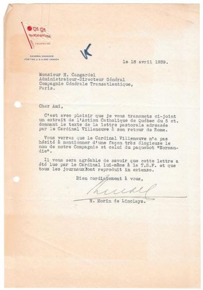 null Lettres et télégrammes du mois d'avril 1939, adressés à Mr Henri CANGARDEL,...