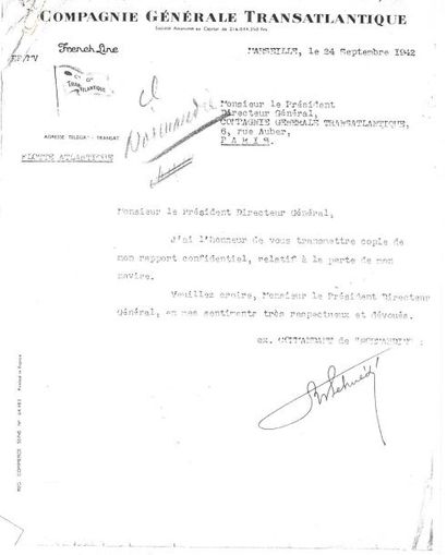 null Perte du paquebot NORMANDIE (archives Cangardel).
Rapport du Commandant LE HUEDE...