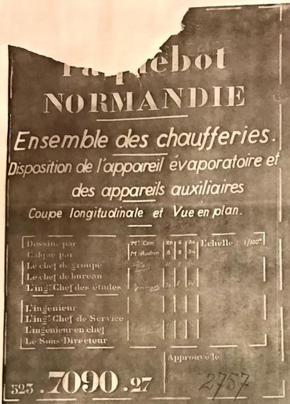 null Grand calque "paquebot Normandie" - ensemble des chaufferies - coupe longitudinale...