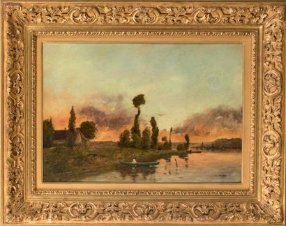 Jacques Henri DELPY (1877-1957) Bord de rivière, soleil couchant
Huile sur acajou,...