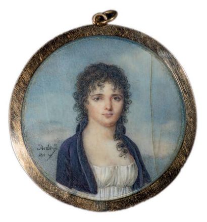 Louis AUBRY (Paris, 1767 -1851) * Jeune femme sur fond de ciel, à mi-corps légèrement...