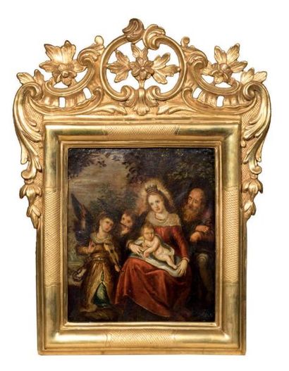 Ecole FLAMANDE, du début du XVIIème siècle La Sainte famille avec deux anges musiciens
Cuivre
23...