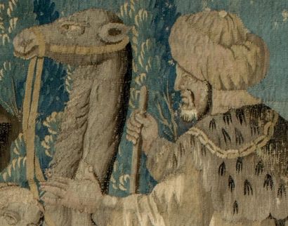 AUBUSSON Rare tapisserie en laine polychrome représentant Isaac recevant Rebecca....