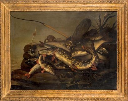 Willem ORMEA (Utrecht 1611 - 1673) Nature morte aux poissons et canne à pêche
Panneau...