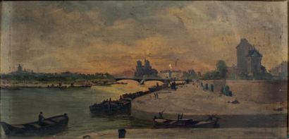 ÉCOLE FRANÇAISE, fin XIXème siècle Quais de Paris au soleil couchant
Huile sur panneau...
