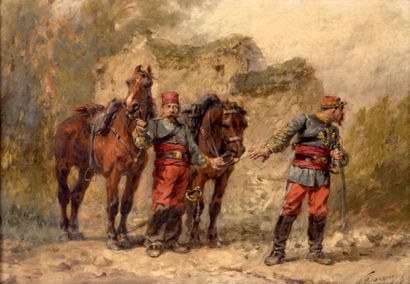 Wilfrid Constant BEAUQUESNE (1847-1913) Officier de cavalerie et son ordonnance sous...