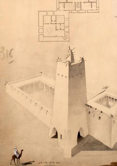 Atelier CASTEL-HARDY Plan d'architecte pour une forteresse arabe, circa 1930
Lavis...