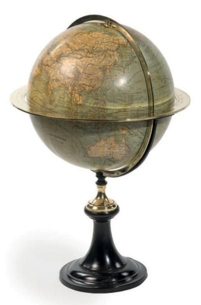  Globe terrestre de bibliothèque Table équatoriale et cercle méridien en laiton gradué...