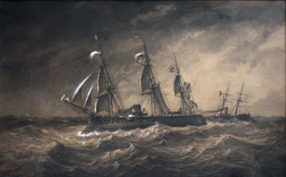 Charles Leduc (1831-1911) Navire mixte armé à éperon, faisant route par vent arrière
Fusain...