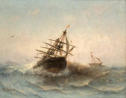 Philippe BARDET (actif au XIXe siècle) Goélette affrontant une grosse mer, circa...