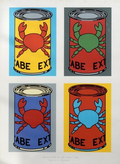 FLOC'H et RIVIERE «Quatre boîtes de crabe».
D'après Hergé. Sérigraphie couleurs à...