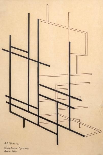 DEL MARLE Félix Structure spaciale / Technique mixte sur papier / Signé et daté 1949...