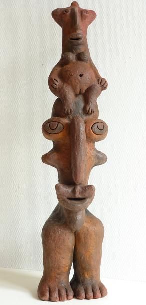 RAÂK Totem de la fécondité / Sculpture raku / Signé dessous / 43 x 10 x 8 cm