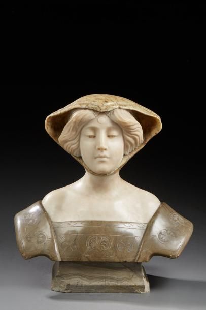 TRAVAIL 1880-1890 
Exceptionnelle sculpture symboliste en taille directe sur albâtre...