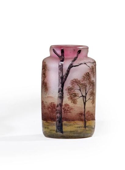 DAUM Nancy 
Petit vase cylindrique en verre doublé à décor dégagé à l'acide d'un...