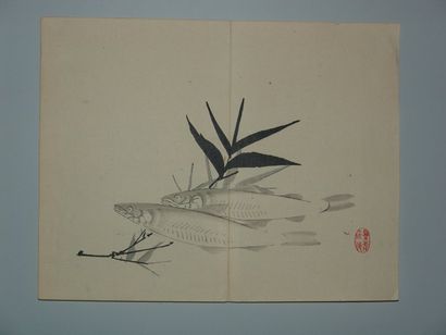 JAPON Quatre estampes de Keinen, fleurs et animaux. 1883