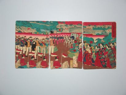 JAPON Triptyque de Kunimasa, l'arrivée de l'empereur Mutsohito à l'exposition de...