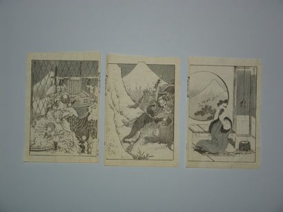 JAPON Trois estampes de Hokusai, série des 100 vues du Fuji. Vers 1840