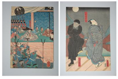 JAPON Deux estampes. Yoshitora, réunion de samouraï, 1852. Toyokuni III, scène du...