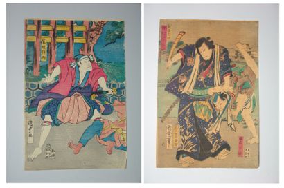 JAPON Deux estampes. Kunisada, un samouraï tire son sabre, 1866. Kunichika, un samouraï...