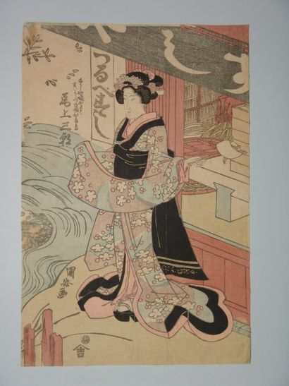 JAPON Estampe de Kuniyasu, une jeune femme au bord d'un ruisseau. Vers 1820