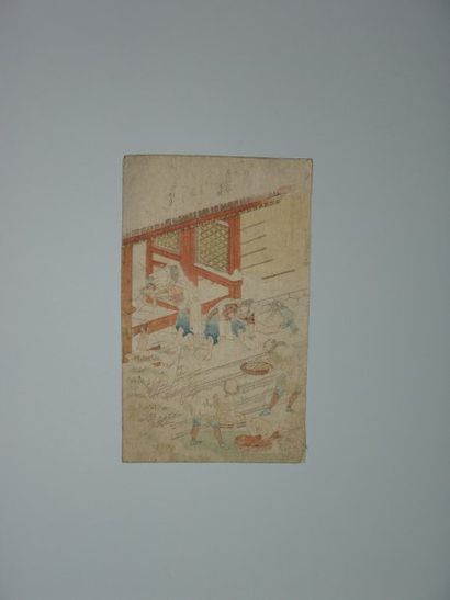 JAPON Surimono de Hokusai, préparation d'une fête. Vers 1815