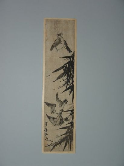 JAPON Estampe de Toyohiro, trois moineaux dans les branches de bambous. Vers 181...