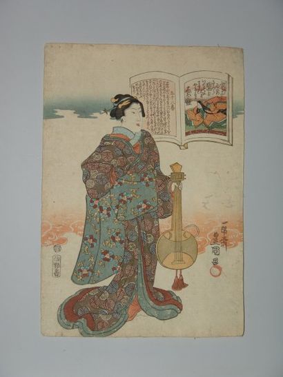 JAPON Estampe de Toyokuni III, série des 100 poètes, une jeune femme tient une biwa....