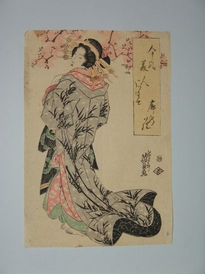 JAPON Estampe d'Eisen, une jeune femme en kimono à motif de feuilles de bambous....