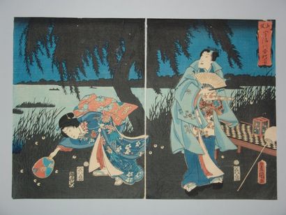 JAPON Diptyque de Toyokuni III, la chasse aux lucioles. 1861
