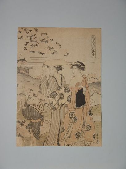 JAPON Estampe d'Eishi, deux jeunes femmes et un garçon attachent un poème à un arbre....