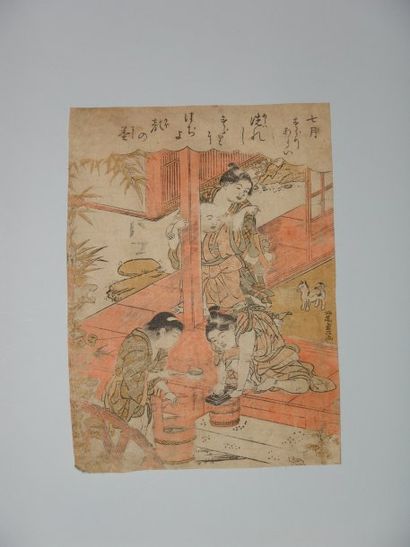 JAPON Estampe de Shigemasa, quatre petits garçons sur une engawa. Vers 1795