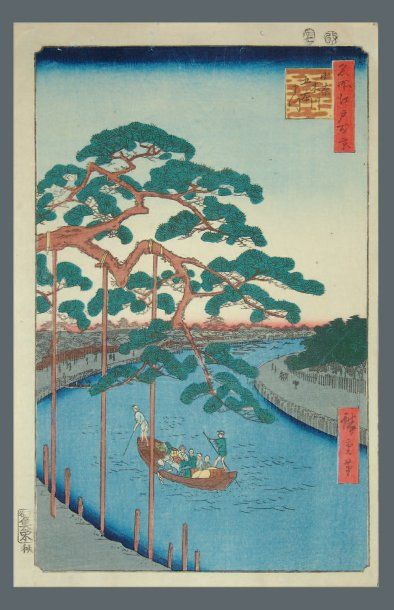 JAPON Estampe de Hiroshige, série des 100 vues d'Edo, le pin à cinq troncs sur la...