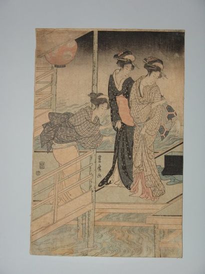 JAPON Estampe de Toyohiro, trois jeunes femmes sur un pont. Vers 1900