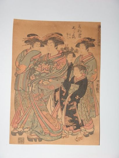 JAPON Estampe de Koriyusai, cinq jeunes femmes en promenade. Vers 1900