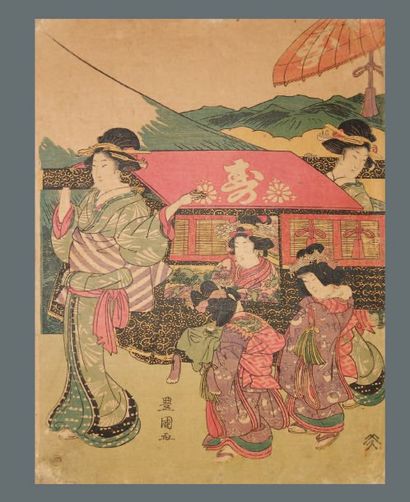 JAPON Estampe de Toyokuni I, une jeune femme se laisse porter dans un kago. Vers...