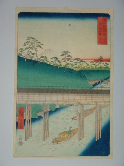 JAPON Estampe de Hiroshige, série des 36 vues du Fuji, vue du Fuji du côté du pont...