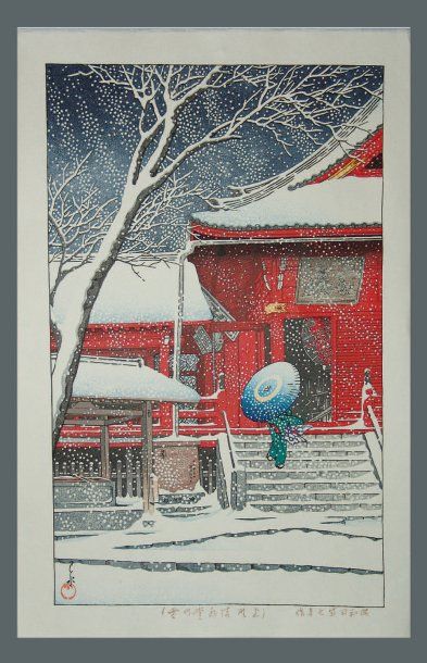 JAPON Estampe de Hasui, la neige au temple Kiyomitsu à Ueno à Tokyo. 1929